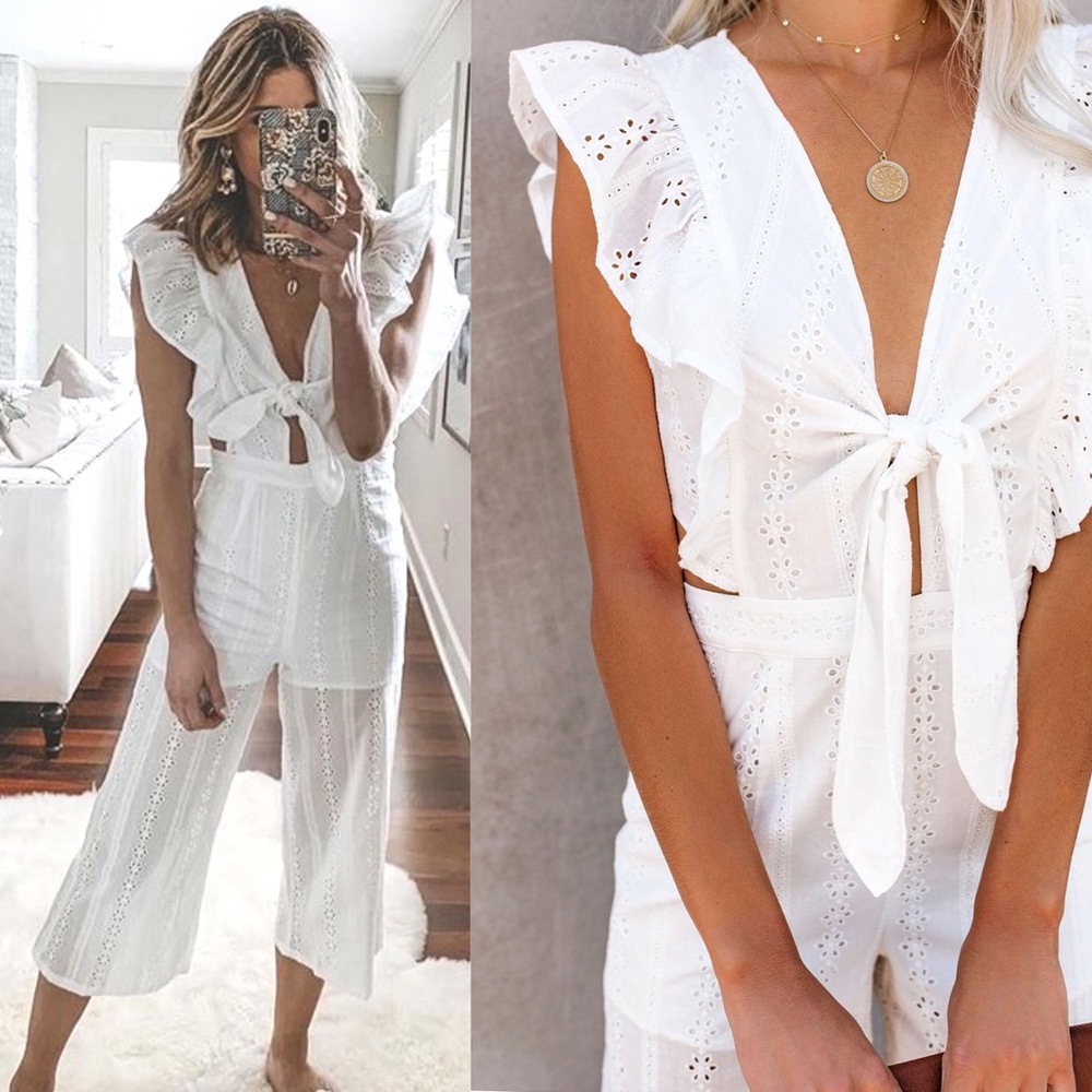 NEW! White Ruffle Sleeve Eyelet Lace Jumpsuit - Picture 7 of 9